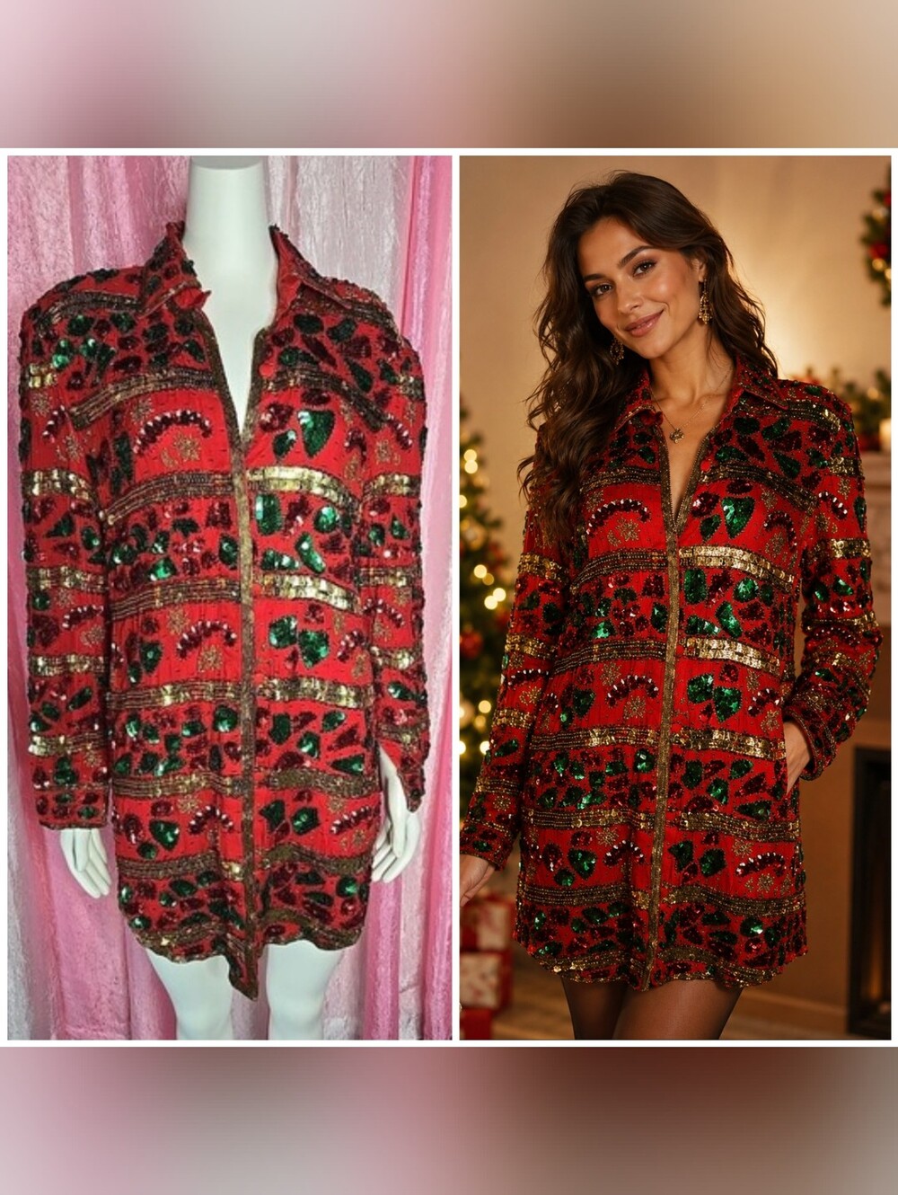 Creative Creations Exquisite Christmas Beaded Silk Button Jacket Size Medium